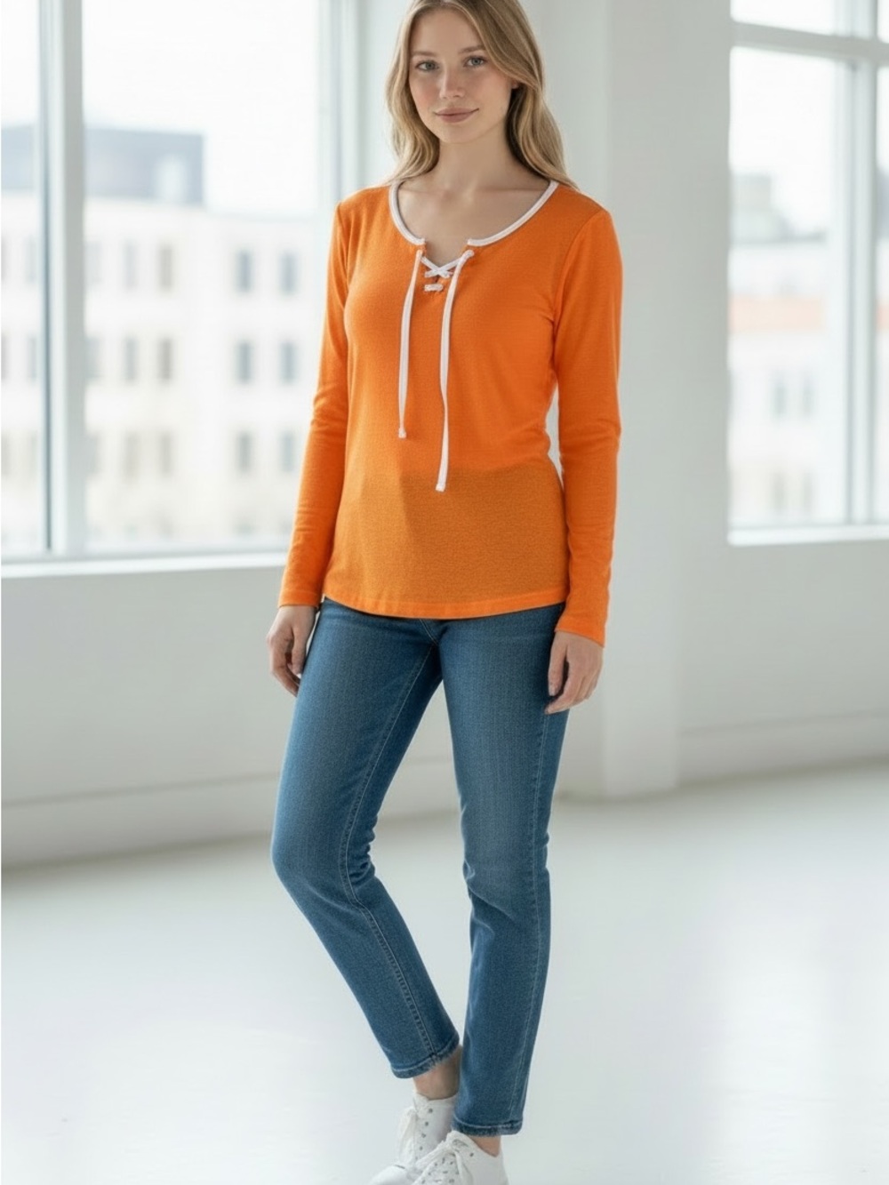 Minnie Rose Orange Long Sleeve Lace-Up Top with White Trim